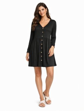 NWT  Black Babydoll Dress Long Sleeve Button Front Size L